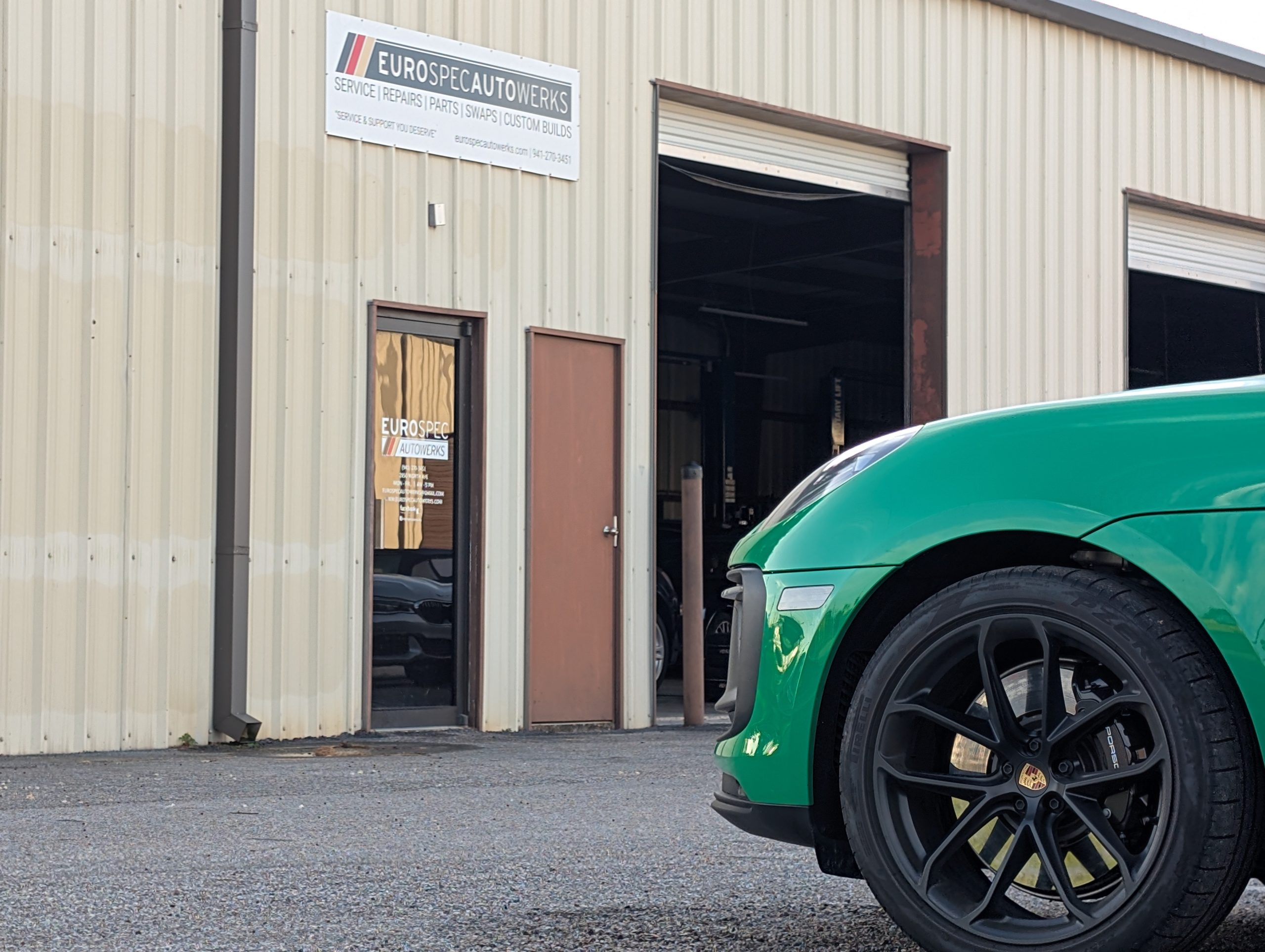Picture showing the front office door and building at Eurospec Autowerks.