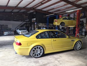 Two BMW Phoenix Yellow E46 M3's at Eurospec Autowerks.