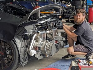 Audi R8 bumper removed for exhaust installation.
